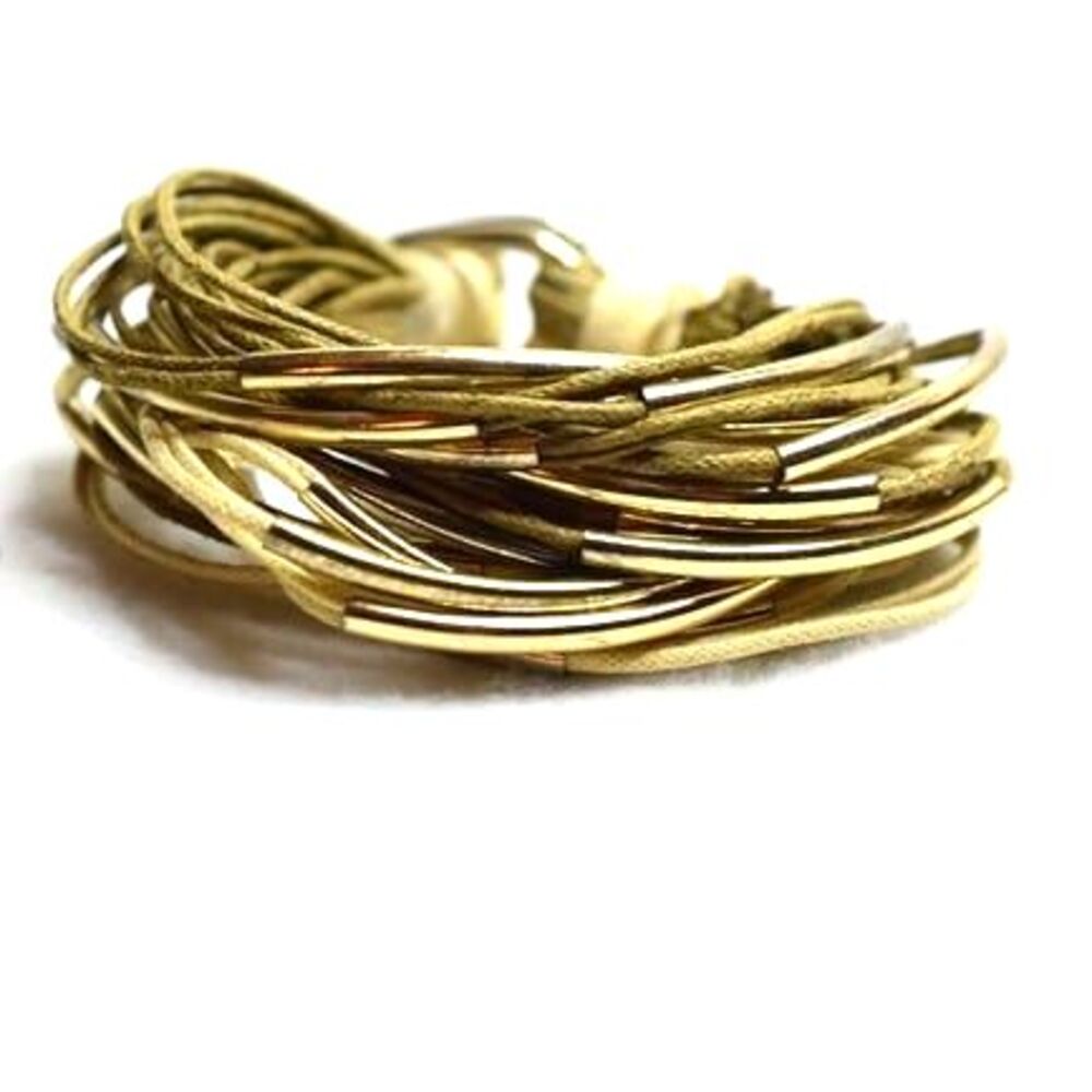 Vintage Gold Tone Tube Multistrand Tan/Cream Cord Toggle Latch Boho 6" Bracelet
